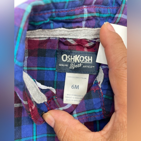 OshKosh B'gosh Boys Button-Front Plaid Bodysuit 6 Month Long Sleeve 100% Cotton - Picture 4 of 9